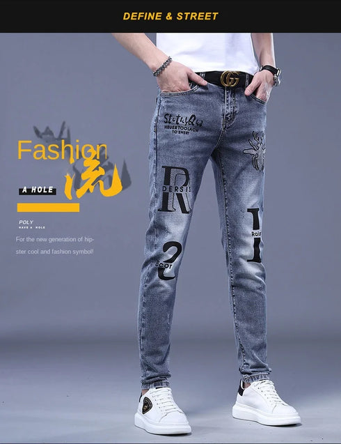 Slim Fit Korean Streetwear Graphical Printed Luxury Hip-Hop Stretch Denim Jeans for Men - Perfect Medium Wash Jeans Outfit